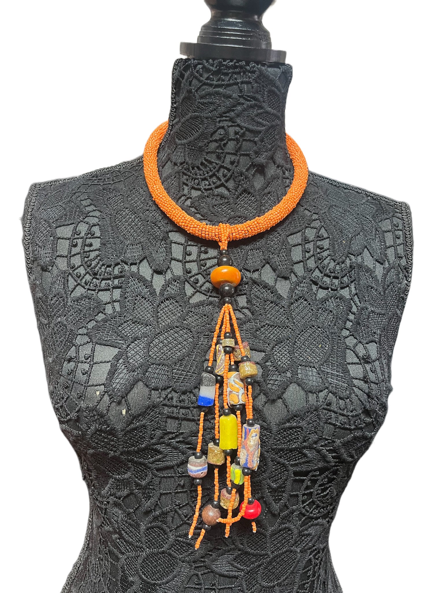 Orange Hand Beaded Long Collar Necklace