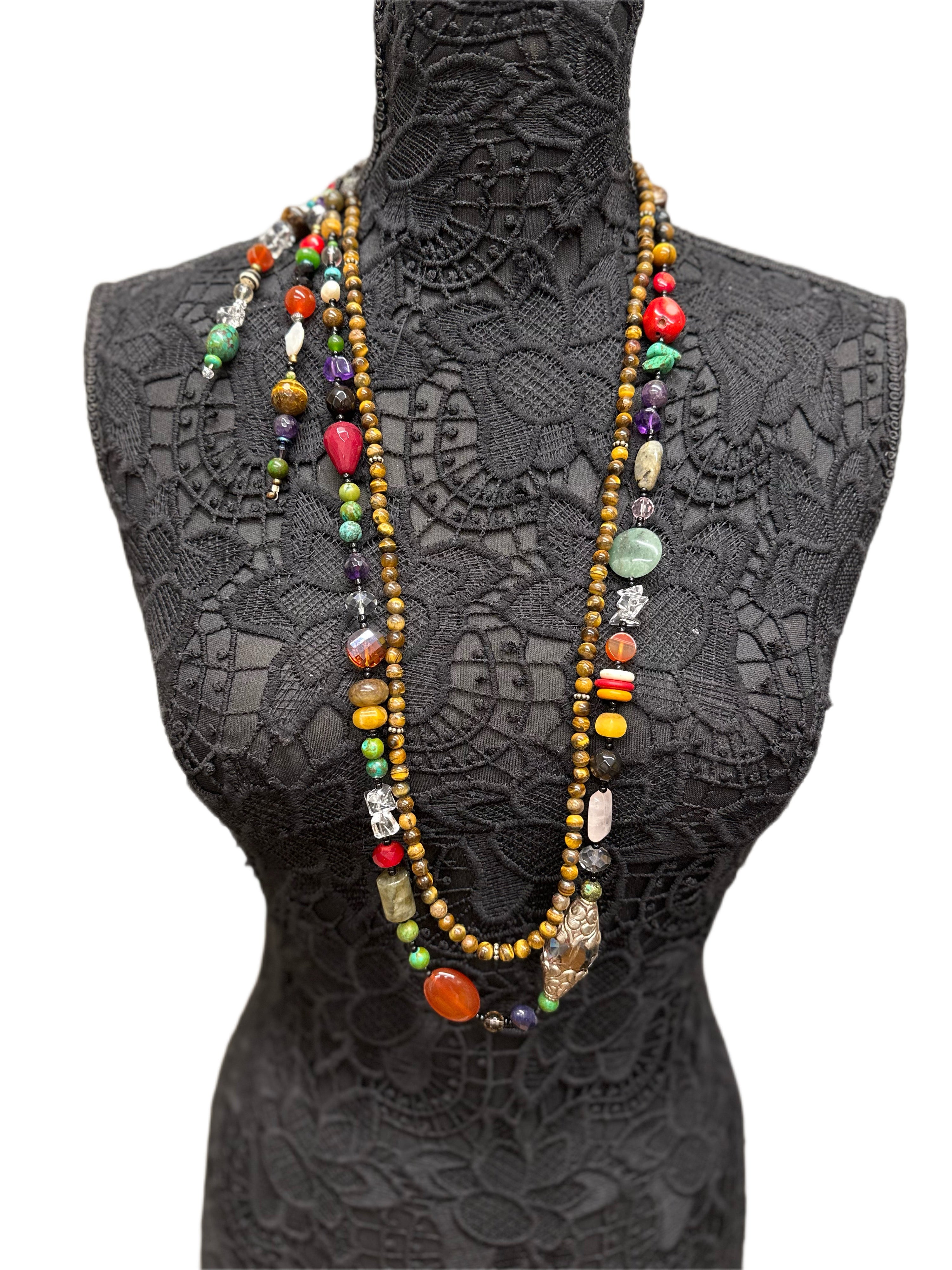 Double Strand Long Multi Gemstone Handmade Necklace